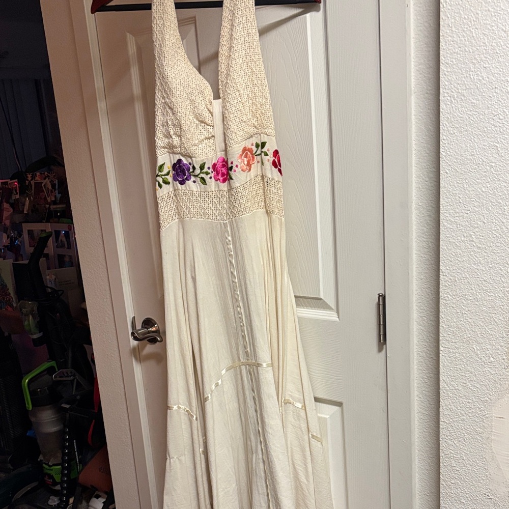 Floral Embroidered Cream Maxi Dress